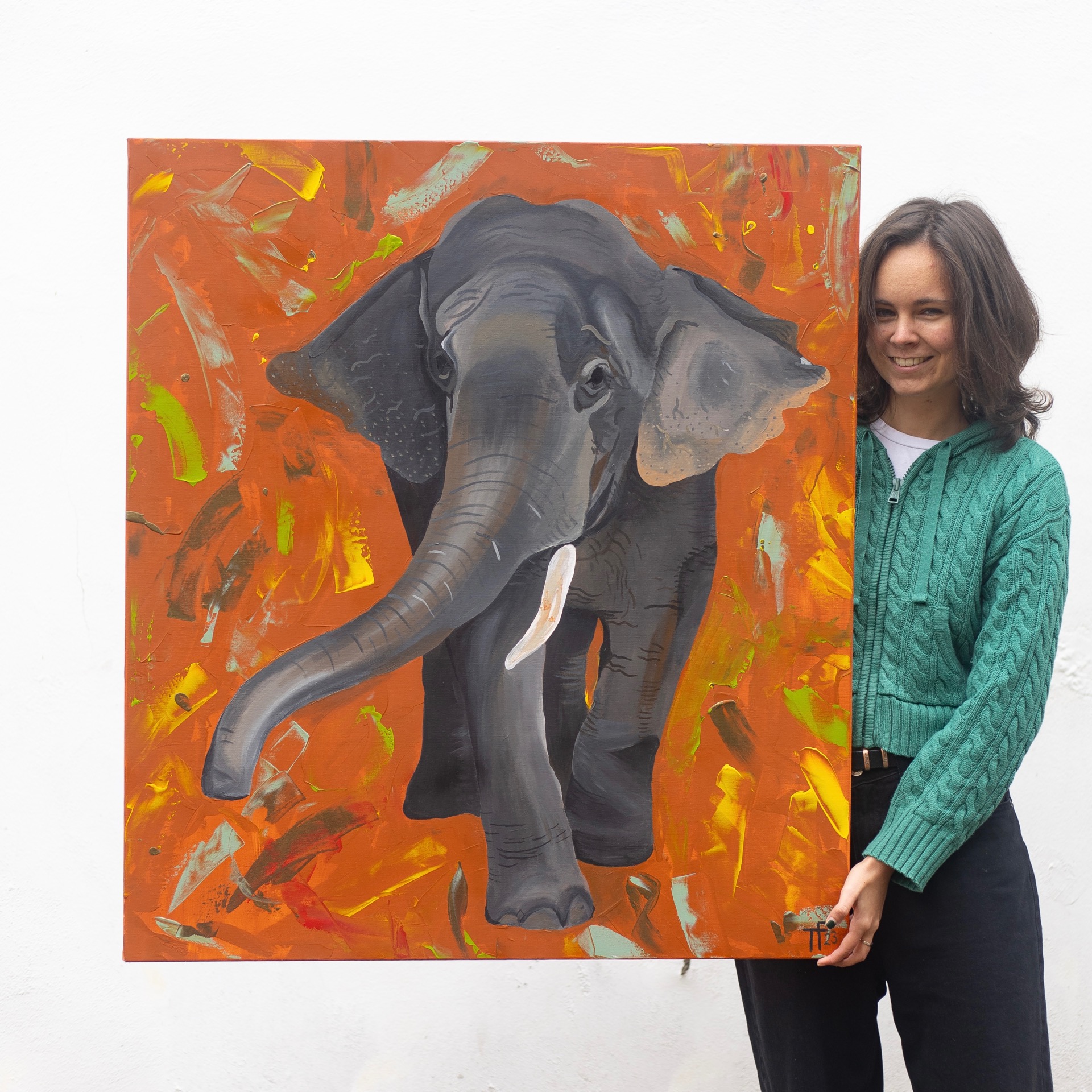 Zakázka Slon Ananda, akryl na plátně, 100x90 cm