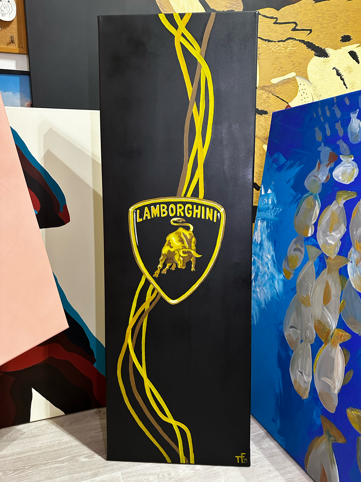 Zakázka Lamborghini, akryl na plátně, 120x40 cm